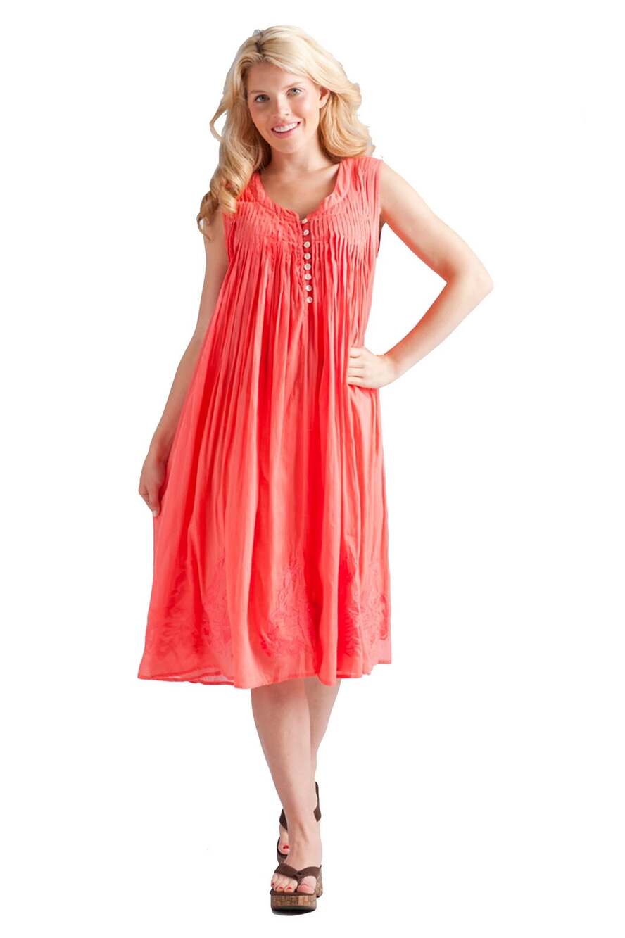 La Cera Dress Cotton Sleeveless Embroidered Coral Pink Lightweight Pockets Sz M